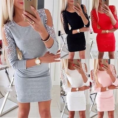 2024 Damenmode Elegant Winter Frühling Herbst Polyester Kurzes Bodycon Baumwolle Langarm Unifarben Rundhals Kleid