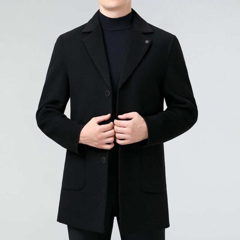 

Осенне-зимнее двухстороннее кашемировое пальто для мужчин, шерстяное пальто средней длины с воротником-стойкой, шерстяная ветровка для папы среднего возраста 195