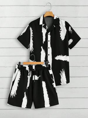 Mode Sommer Strand Schwarz Weiß Bedruckt Herren Anzug Zweiteilig Lässig Hemd Kurzarm Hawaiianische Shorts Herrenbekleidung Anzug