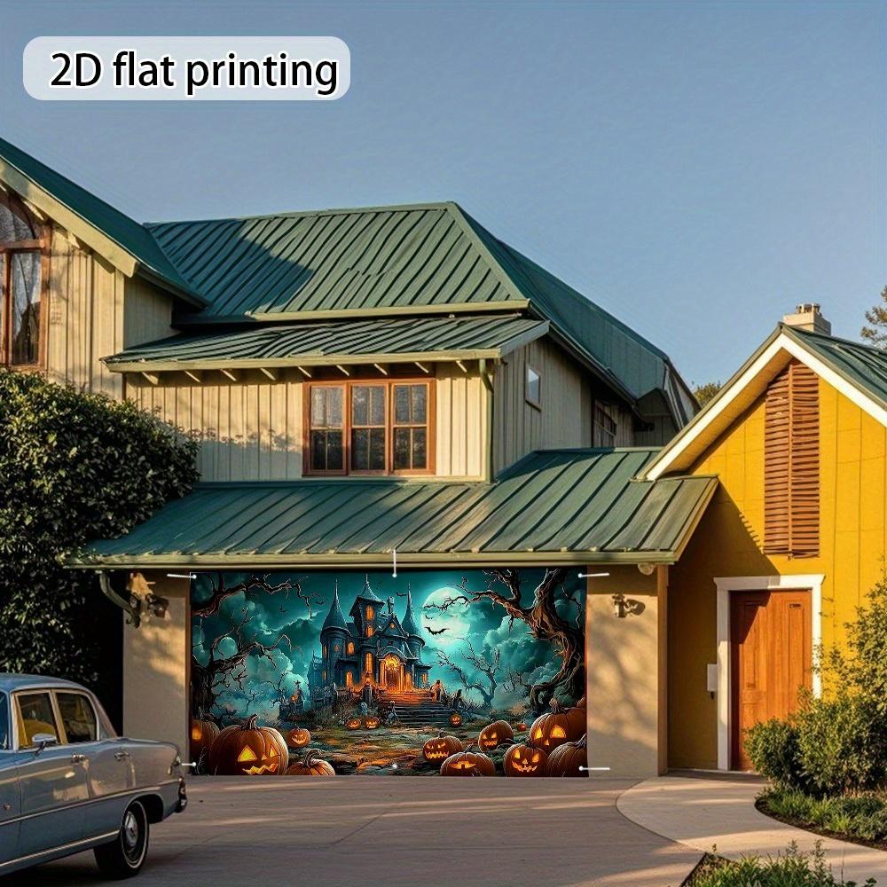 One Halloween Haunted House Garage Door Decoration - Pumpkin Lanterns Full Moon and Bat-themed banners.PMJ