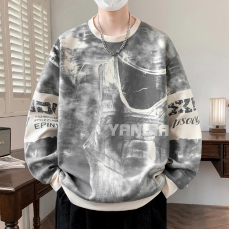 Rundhals Locker Langärmliges T-Shirt Herren Bedruckt Kontrastfarbe Vielseitiges Pullover-Top