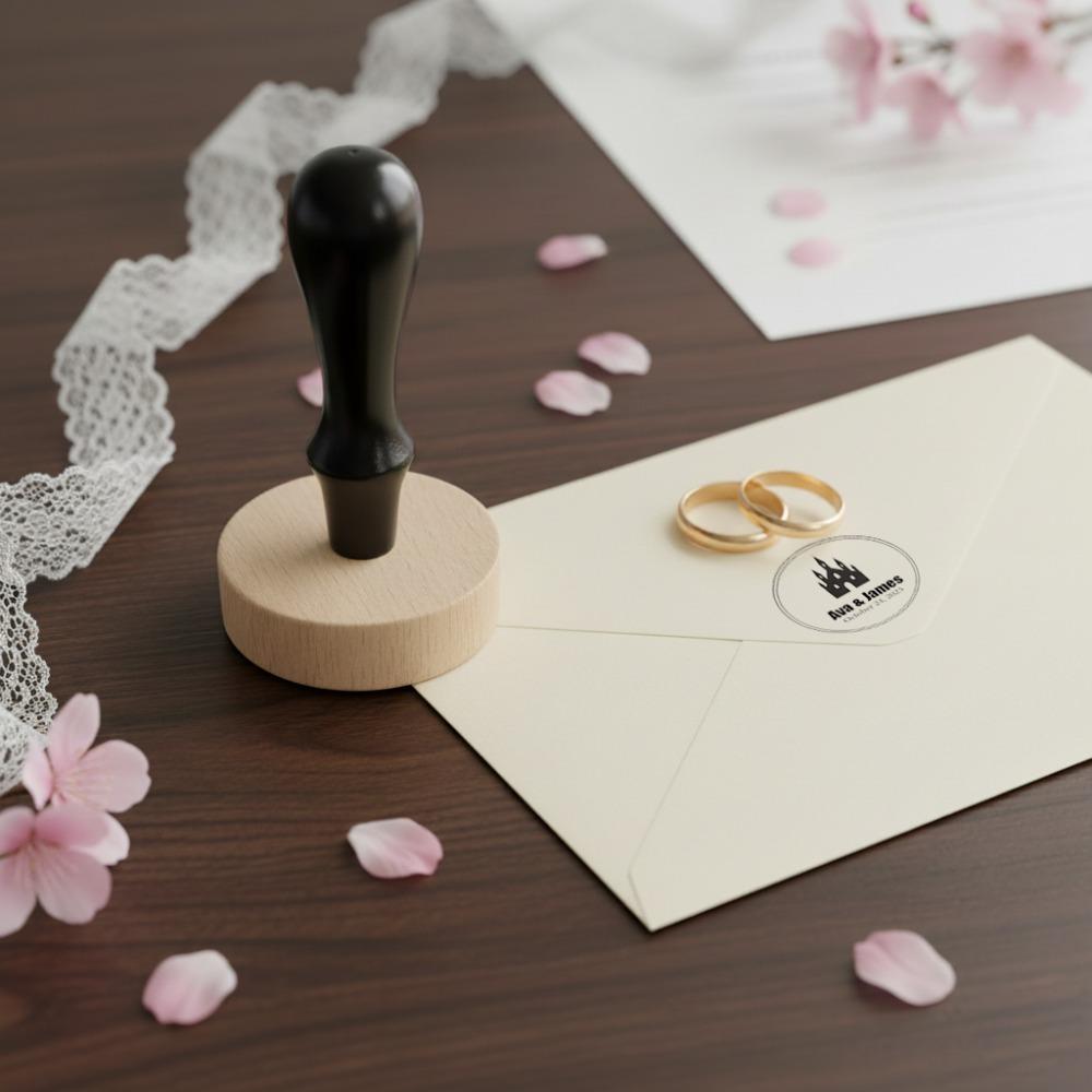 Custom Round Wooden Wedding Stamp, Personalized Monogram Seal for Couples, Engagement & Marriage Celebration for Invitations, Thank You Cards