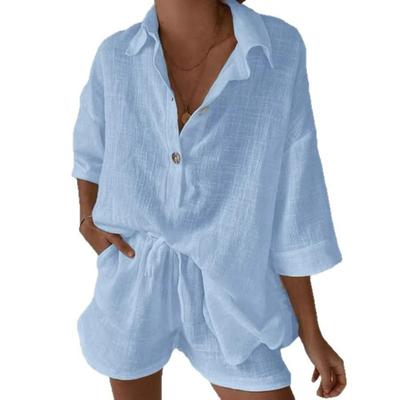 Women's Cotton Linen Shirt and Shorts Two Piece Set Half Sleeve Button Top Tie Waist Shorts