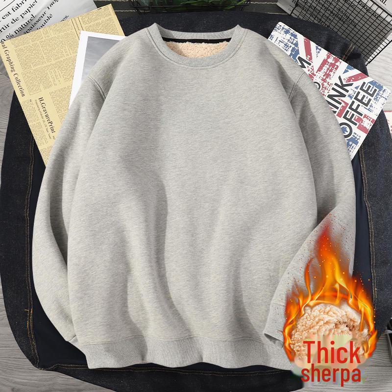 Men's Fleece-Lined Round Neck Sweatshirt, Thick Pullover, Long Sleeve, Hoodless, Large Size, Warm.