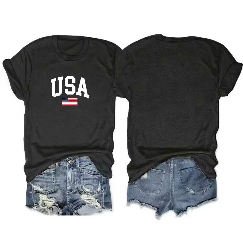 Sommer Flaggenbedrucktes reines Baumwoll-Kurzarm-Oberteil Lässig Vielseitig Locker Rundhals Damen-T-Shirts Damen