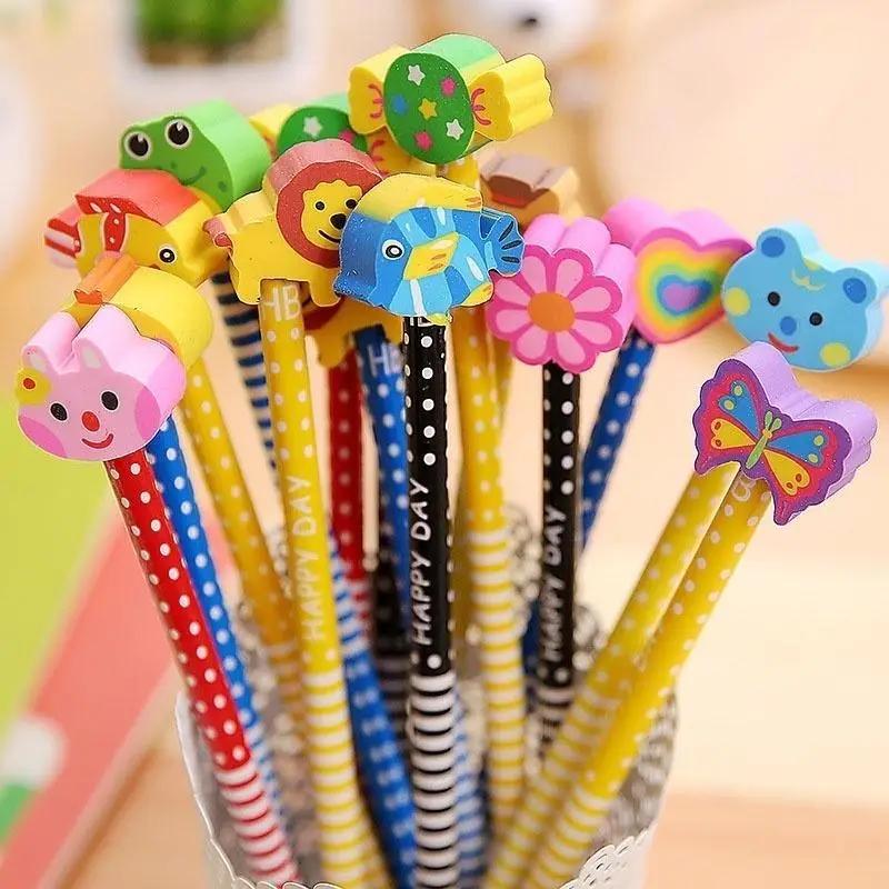 2 Pcs/Set Wooden  Animals  Students Pencil With Eraser Drawing Tools Cartoon