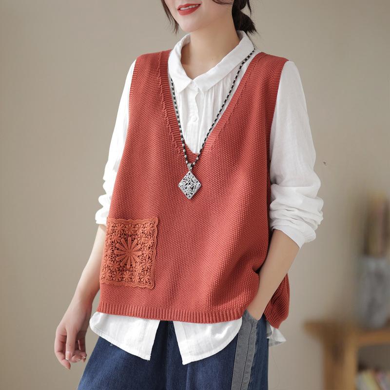 Literary Style Lace Applique Crew Neck Knit Vest Women's Spring Solid Color Casual Sleeveless Top