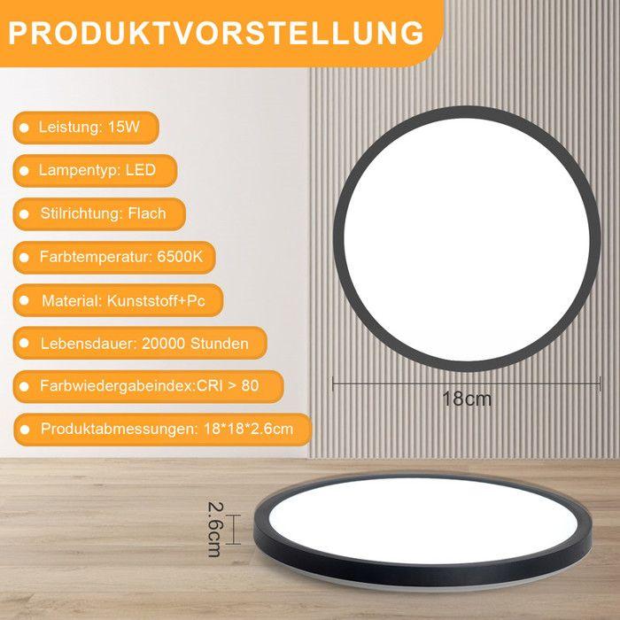 Plafonnier LED - NETTLIFE - 18 cm - 15W - 6500K - Noir
