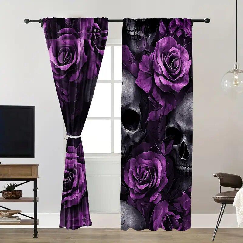 Set Of 2 Halloween Purple Rose Skull Design Pattern Printed Curtains Window Decorations Home Room Curtain Made Polyester