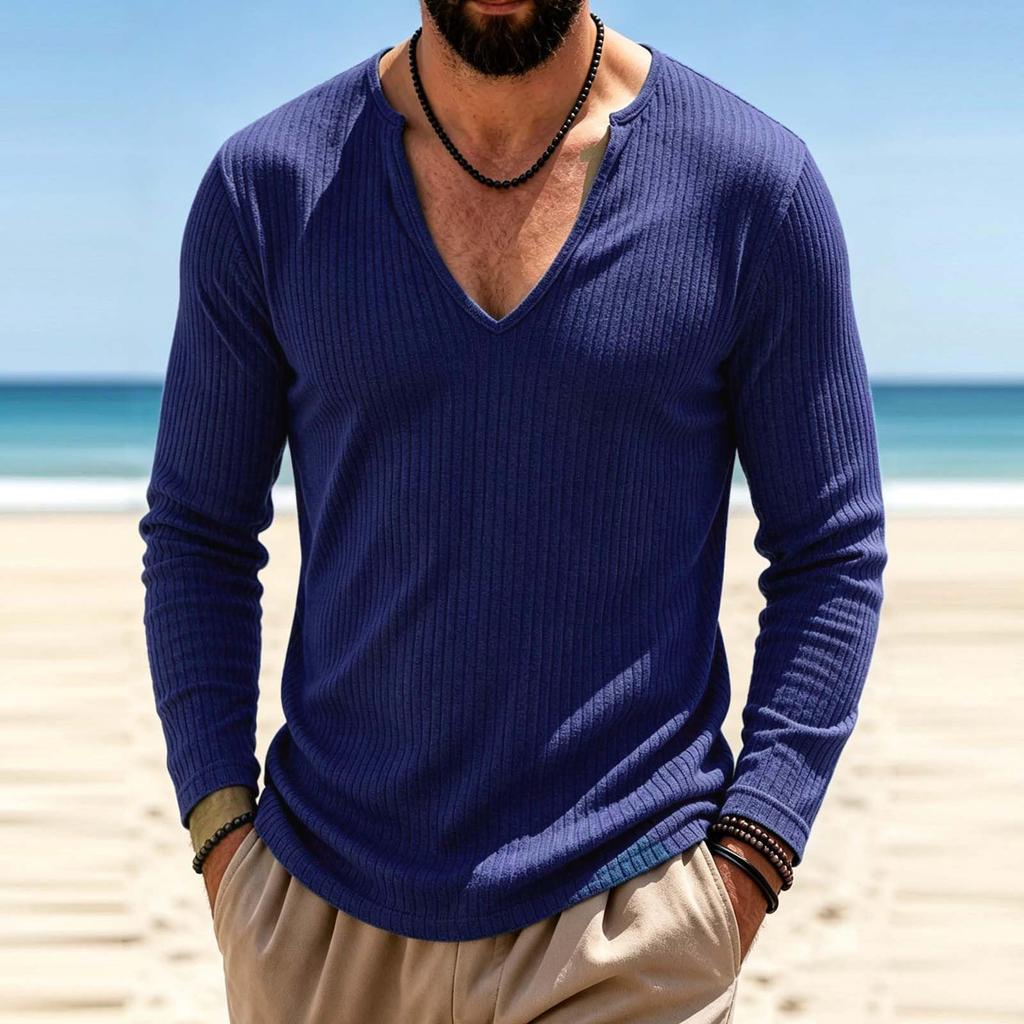 T-shirt décontracté à manches longues et col en V profond pour homme, coupe ample et extensible, pour le printemps et l'automne
