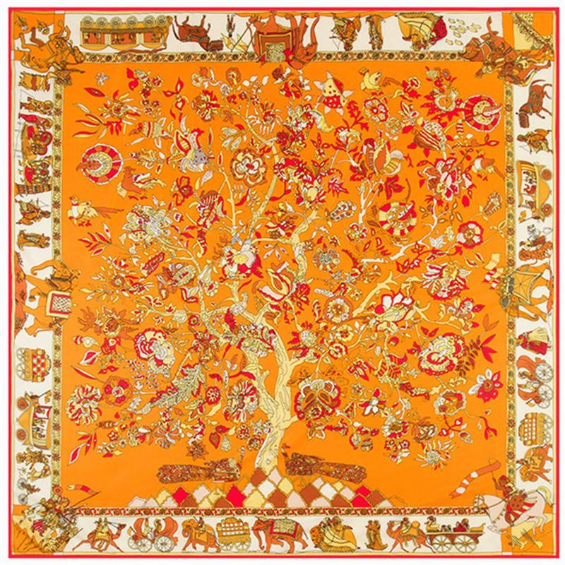 130*130Cm Twill Silk Scarf Luxury Animal Elepha Life Tree Print Women Shawls Stoles Square Bandana Kerchief Hijab Female Foulard