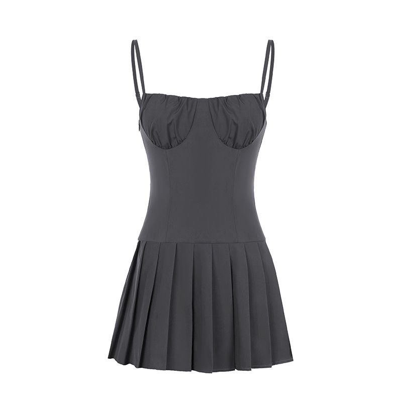 American Sweet Sexy Chest Ruched off-Neck Small Sling Drawstring Slim-Fit Pleated Dress Pure Desire Girly Skirt