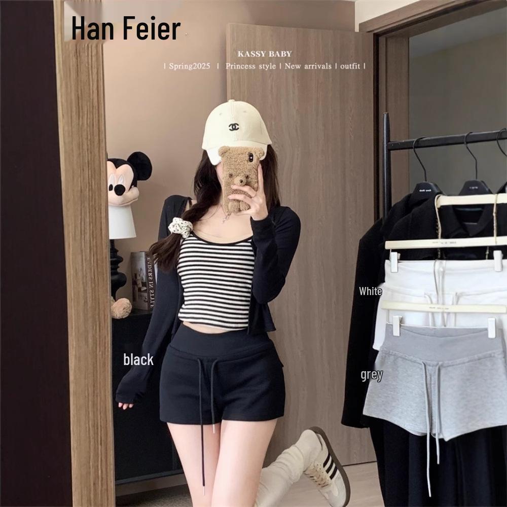 

2025 Douyin Women s A-line Summer Slimming Drawstring Sporty Shorts S чорний