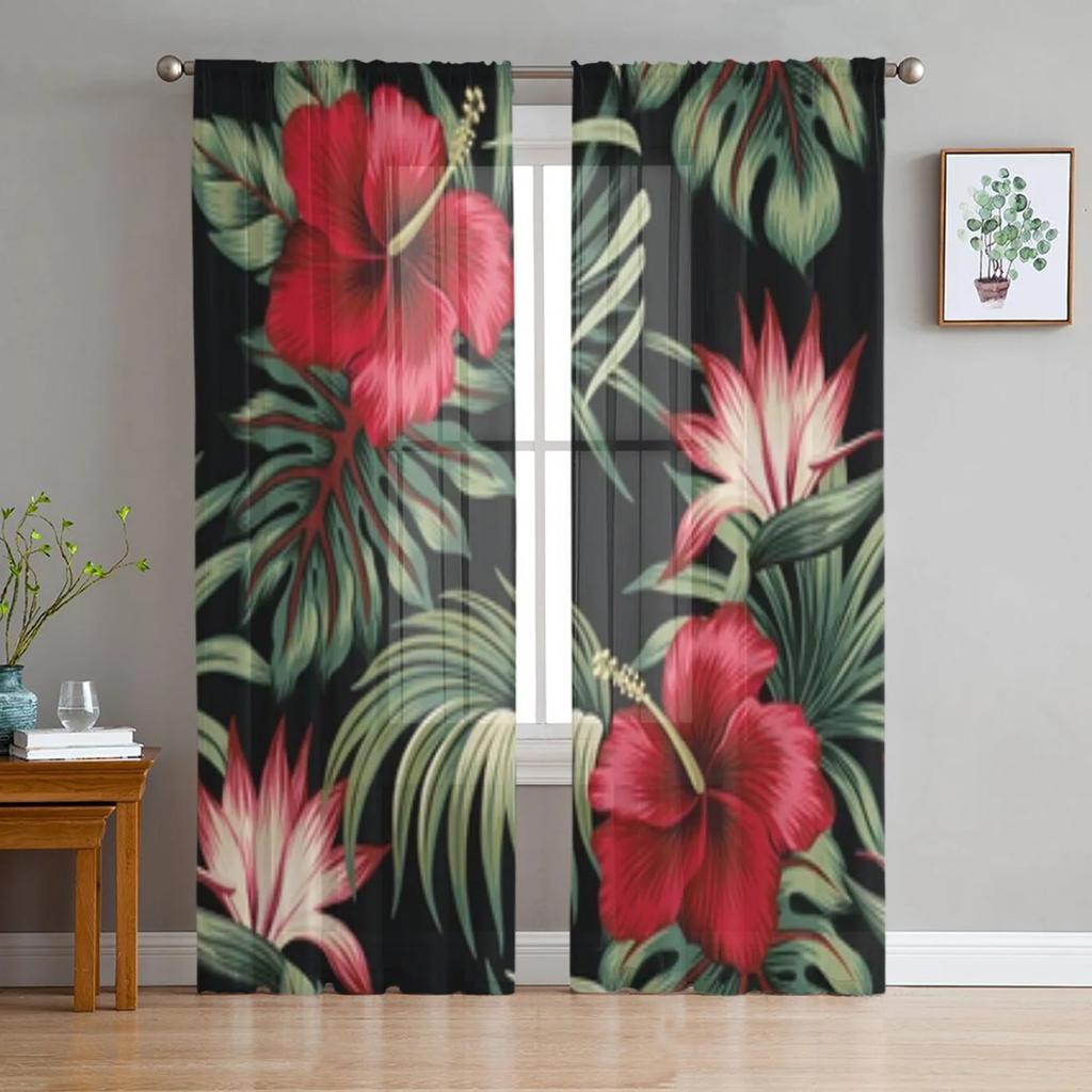 Tropical Vintage Hibiscus Floral Sheer Window Curtains For Living Room Bedroom Voile Tulle Curtains Fabric Drapes For Kitchen