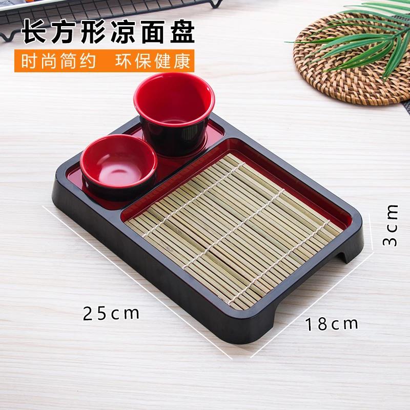 Japanese Style Cold Noodle Dish Paired with Bamboo Mat Plate and Japanese and Korean Tableware