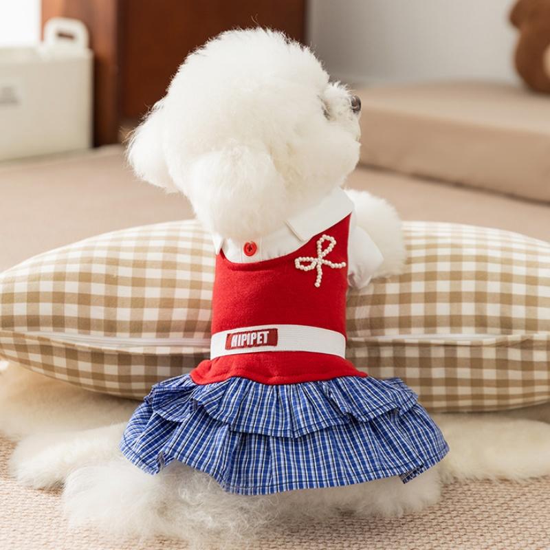 Luxury Plaid Dog Dress College Style Dog Clothes Autumn Warm Puppy Shirt Skirt Cute Bow Cat Princess Dress Chihuahua Pet Apparel
