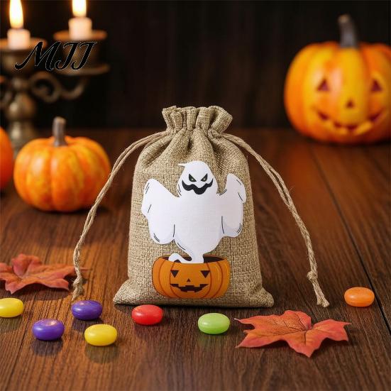 Pumpkin Theme Party Supplies 2PCS Halloween Drawstring Treat Bags, Cartoon Faux Linen Trick or Gift Pouches Sacks, Kids Candy Storage for Favors Cute