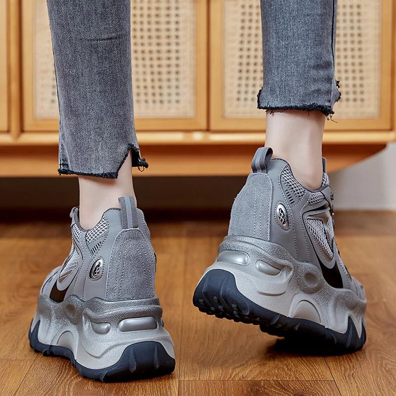 12CM  Air Mesh Microfiber Synthetic Chunky Sneakers Fashion Spring Shoes Leather Ankle Booties Women Vulcanize Boots Autumn