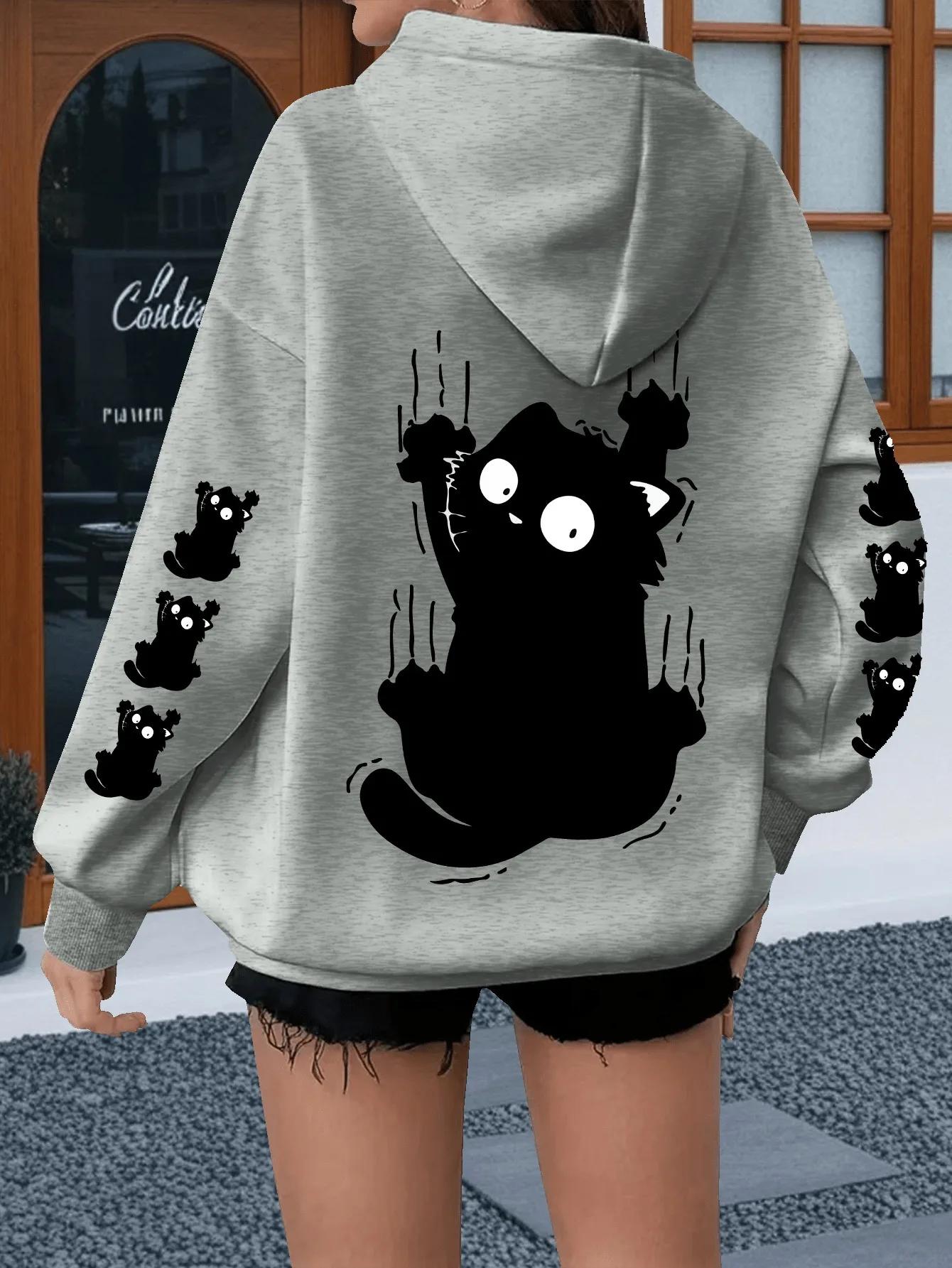 Damen Oversized Hoodie Niedliche Kratzende Schwarze Katze Doppelärmel Print Pullover Sweatshirt Herbst Winter Harajuku Lässige Streetwear Oberteile M gray