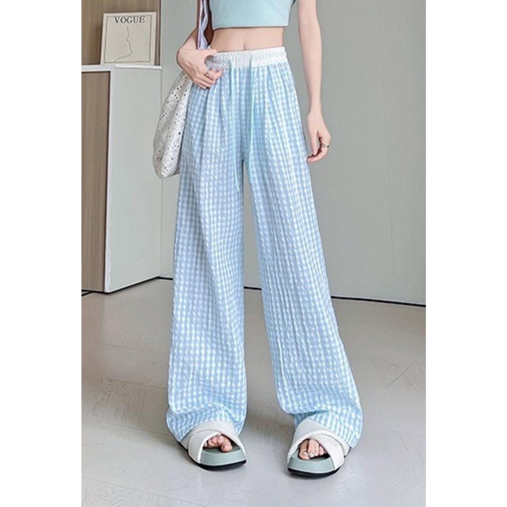 Women's High Waist Plaid Wide Leg Pants Loose Fit Casual Comfy Summer Lounge Trousers