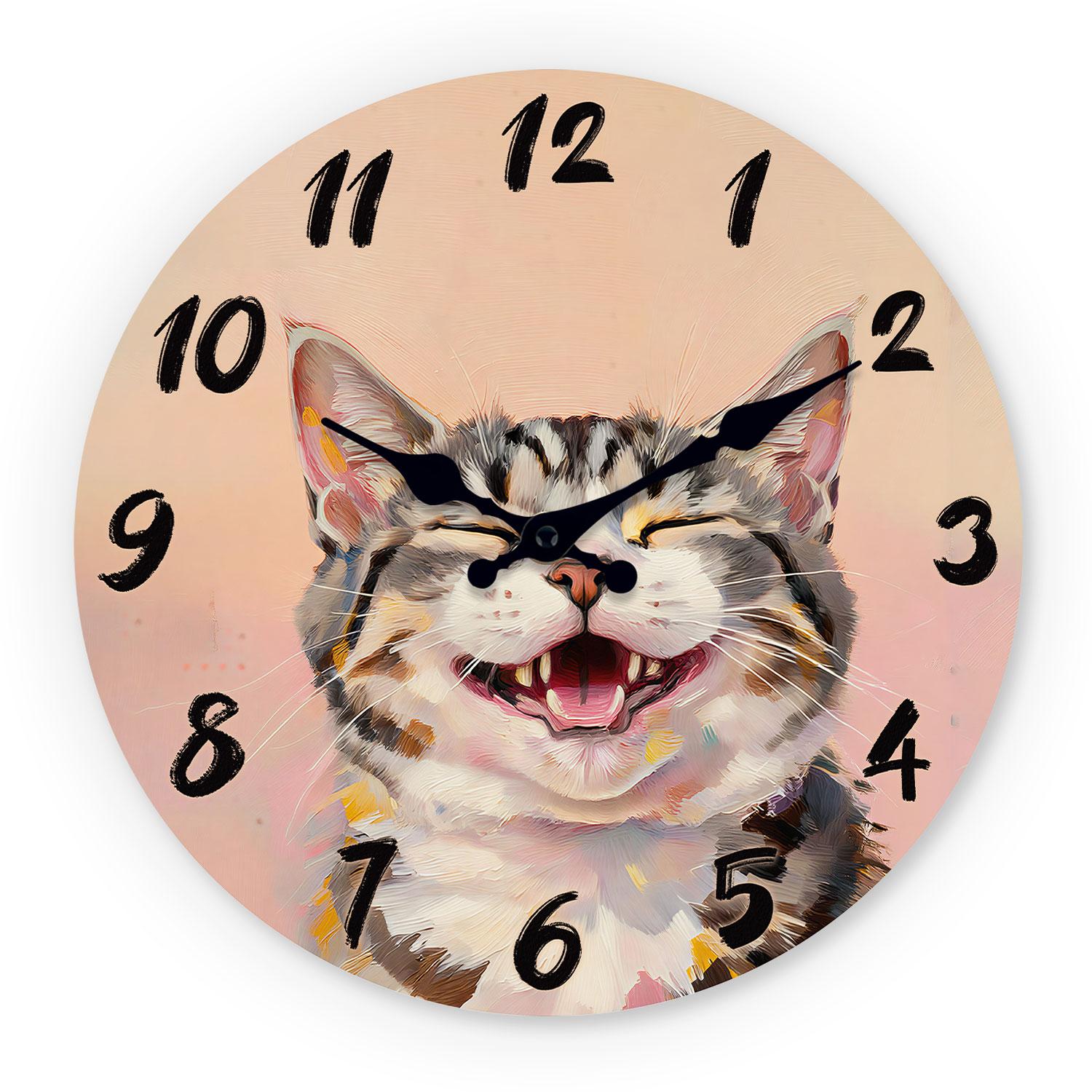 Superior-Grade Cartoon High-Standard Cat Superior-Grade Smiling High-Standard Face Wooden Superior-Grade Wall Premium-Quality Clock 10-16Inch (as the picture,10Inch)
