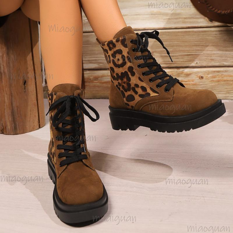 Mode Retro-Stil Wildlederimitat Leopard Stiefeletten für Damen 2025 Dicke Sohle Kurze Stiefel Rutschfest Größe 36-43 Damen Stiefeletten Botas Mujer