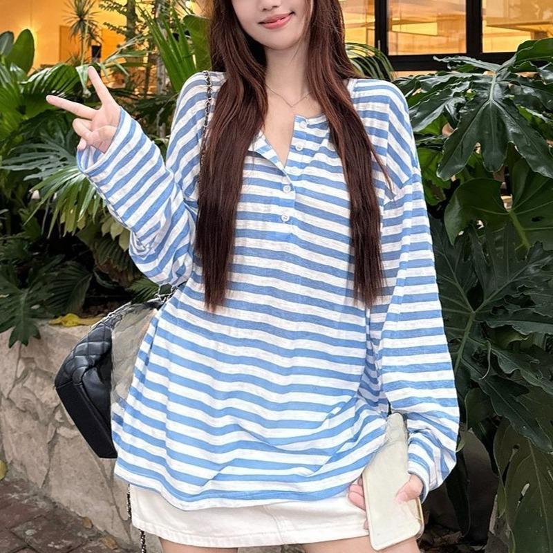 

Striped Women s T-shirt Round Neck Half Open Button Contrasting Color T-shirts Summer Loose Famale Pullover Thin Long Sleeved Top S