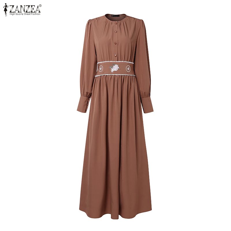 ZANZEA Muslim Casual Women Round Neck Long Sleeve Loose Print Dress