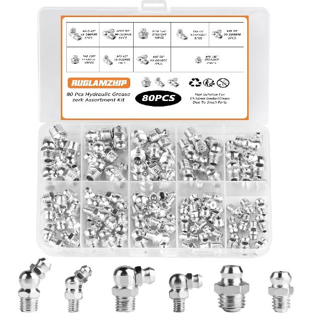 45pcs Metric Grease Fittings Kit,Hydraulic Grease Zerk Assortment Kit, 45 90 180 Degree Grease Gun Fittings, M6 M8 M10 Straight and Angled Grease