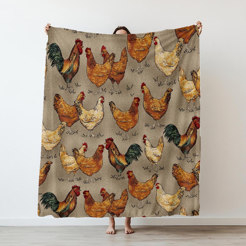 1pc Vintage Cute Chicken Print Flannel Blanket Soft Cozy Knitted All Seasons Colorful for Sofa Bed Office Camping Travel Gift