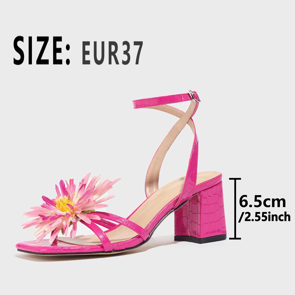 Women's square head three-dimensional flower thick heel sandals women's shoes elegant gorgeous fashion rose red high heels