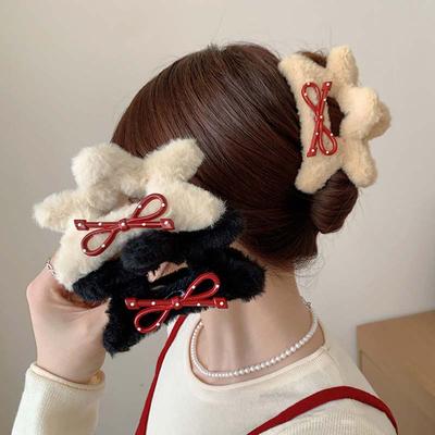 New Elegant Plush Bow Hair Claw Clips for Women Girls Winter Fluffy Plush Large Shark Clamp Hair Clip Headwear Hair Accessories