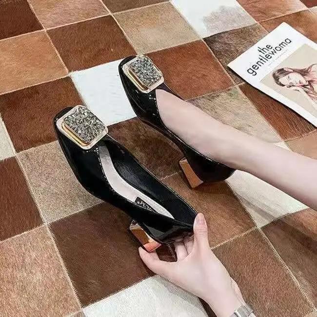 Fashion 2024 Fashion Pumps Shoes Women Medium Heel Trend Spring Summer Patent Leather Red Square Toe Shallow Mouth Women High Heels