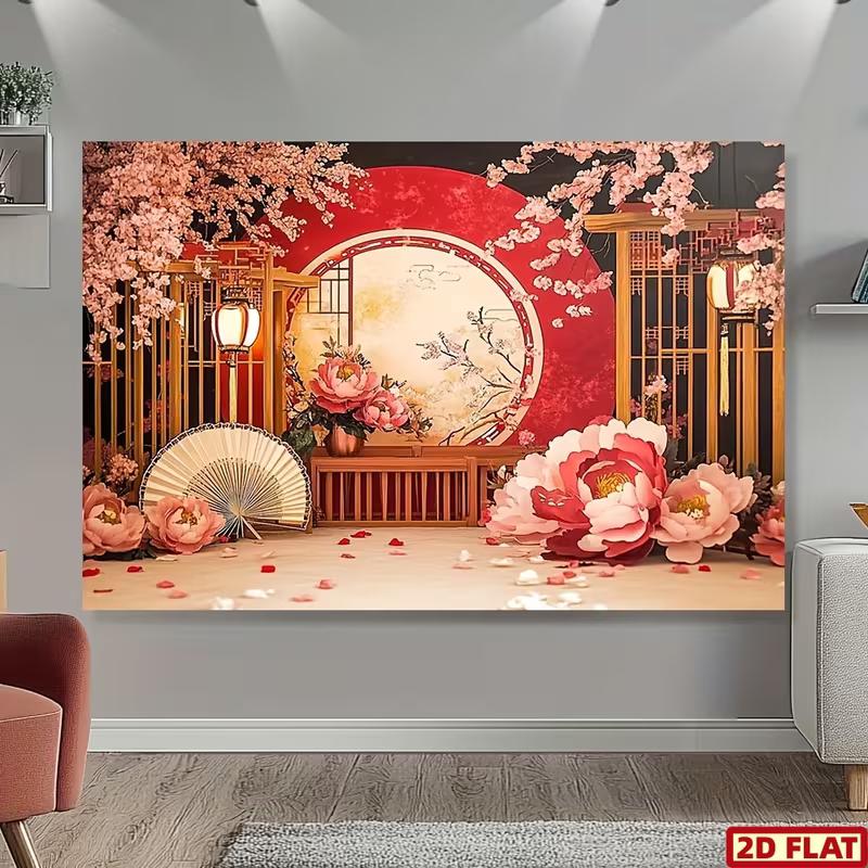 2D Chinese Red Floral Backdrop Peony Cherry Blossom Background