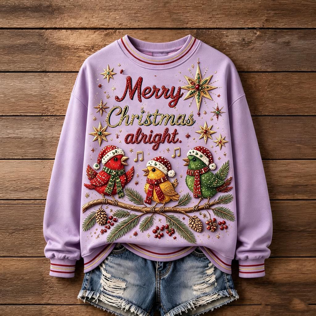 Women's Christmas Print Round Neck Long Sleeve Pullover Top for Holiday Casual Wear