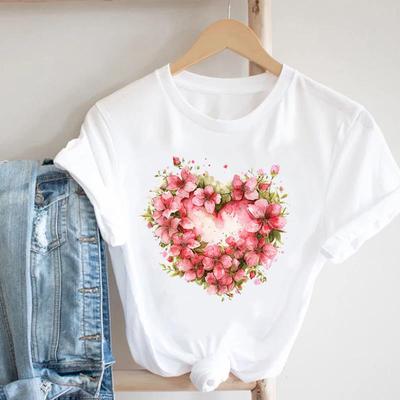 (Asian Size) Women Sweet Flower Love Heart Trend Casual Top Clothing Fashion Print Lady Female  Short Sleeve T Shirt Tee Graphic T-shirts