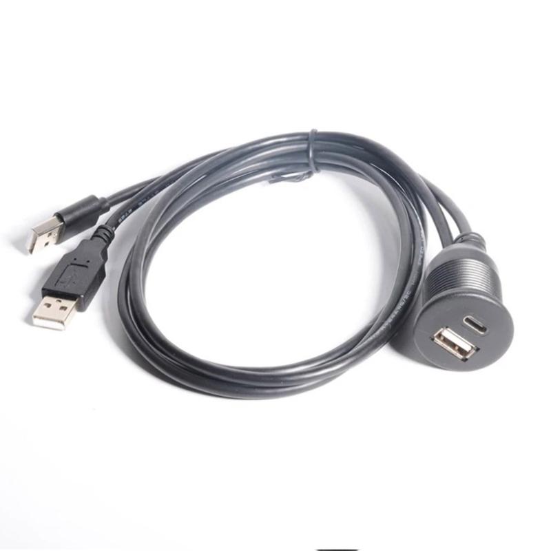 USB 2.0 Extension Cord with Double USB A Male to USB and Type C Female Ports 1M Length for Vehicle