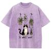 Black Cute Cat Cartoon Print Women's T-Shirt Oversized Loose Wash Denim Cotton Short Sleeve Casual Fashion Girly Top