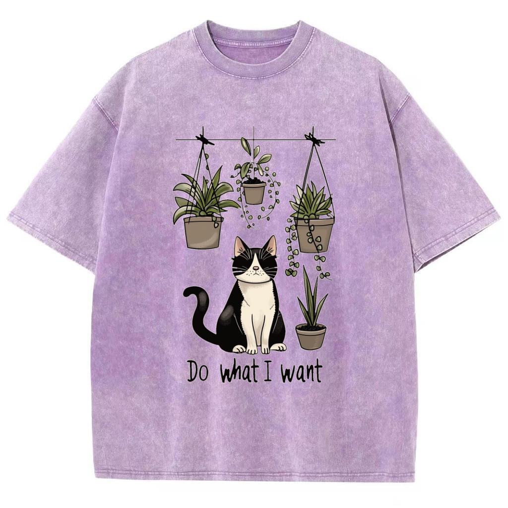 Black Cute Cat Cartoon Print Women's T-Shirt Oversized Loose Wash Denim Cotton Short Sleeve Casual Fashion Girly Top