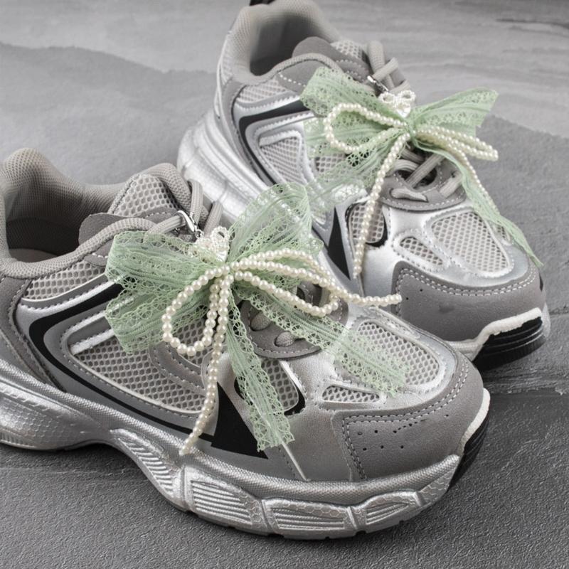 ABS Pearls and Lace Bowknot Detachable Shoe Ornament Women Shoelaces Charm Sophisticated Detachable Footwear Ornament