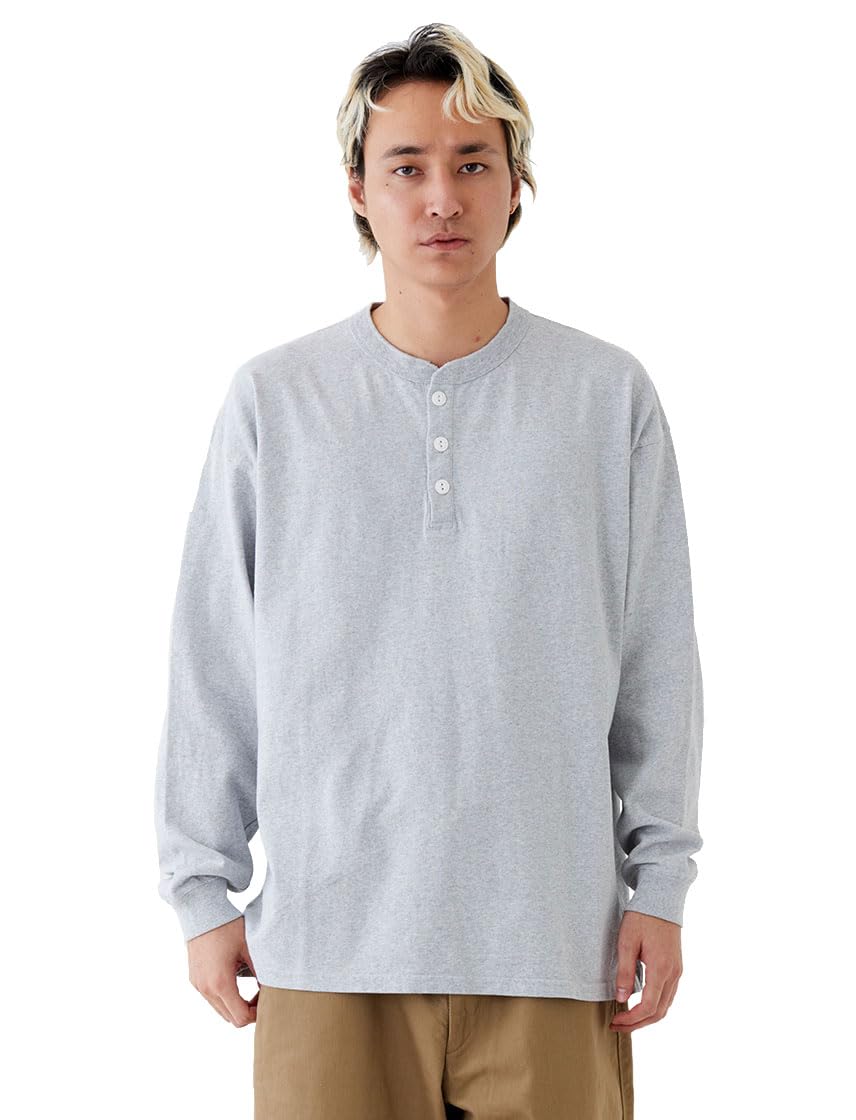 

Хенли с длинным рукавом Big oz USA Толстый меланжевый [Good Wear] Футболка, Тяжелая, 7.6 Хлопок, Мужская, (Л, Серый)