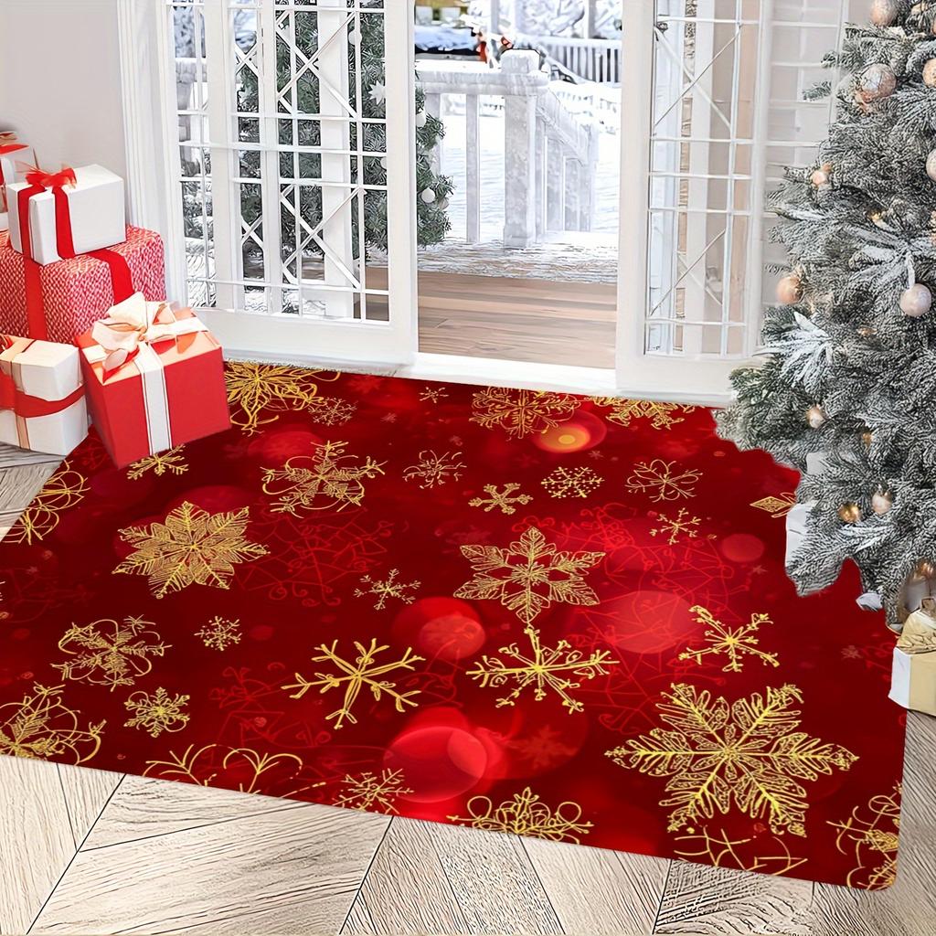 Golden Snowflake Christmas Area Mat - Soft, Absorbent Polyester Mat with Festive Red and Golden Design for Living Room, Bedroom,