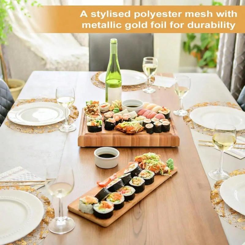 10pcs Disposable Placemats Set 13 Inch Round Gold Foil Mesh Pressed Table Mates for Home Dining Table Party Decoration