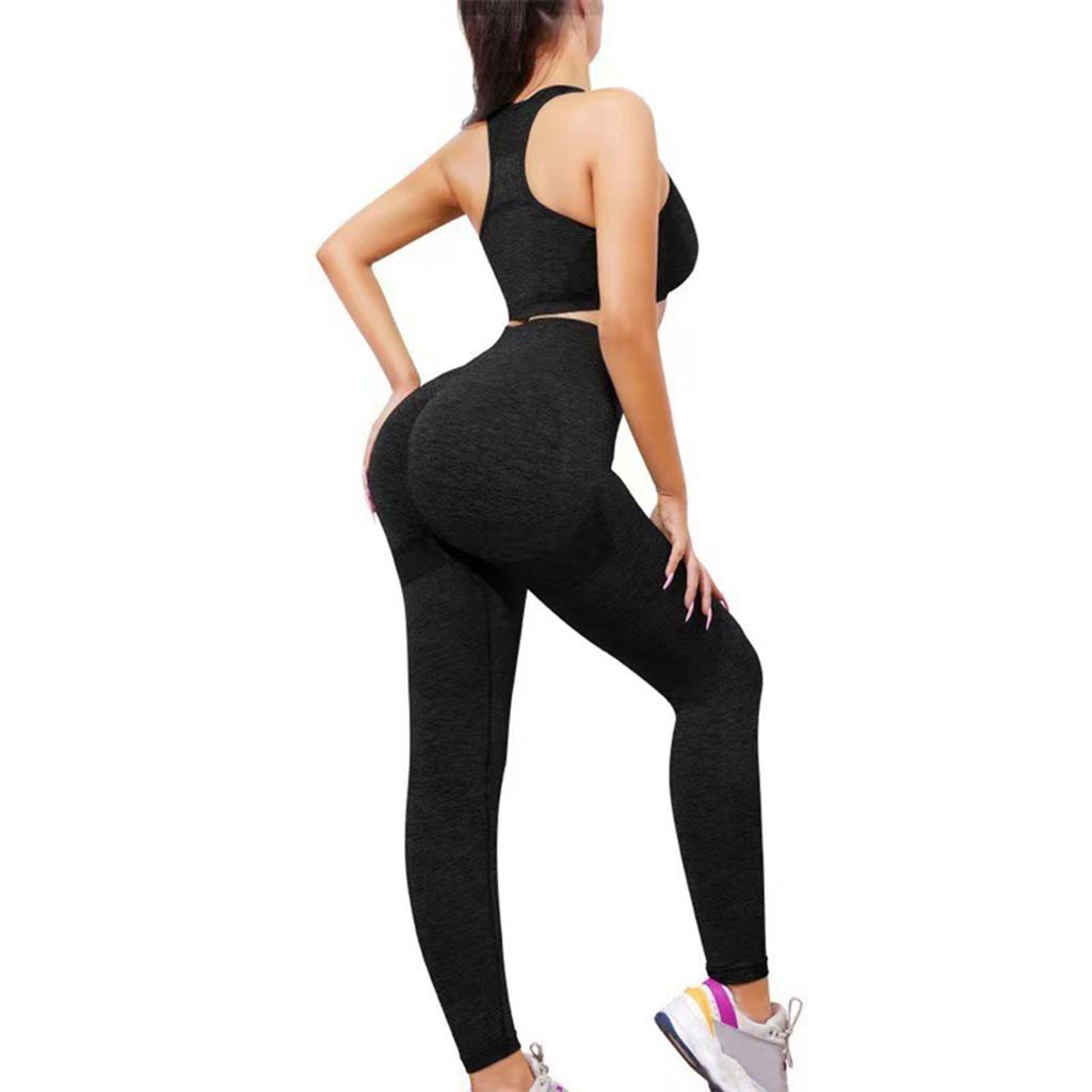 Women's Fashion U Neck Sleeveless Top High Waist Tight Fit Fitness Running Sports Pants Yoga Two Piece Set