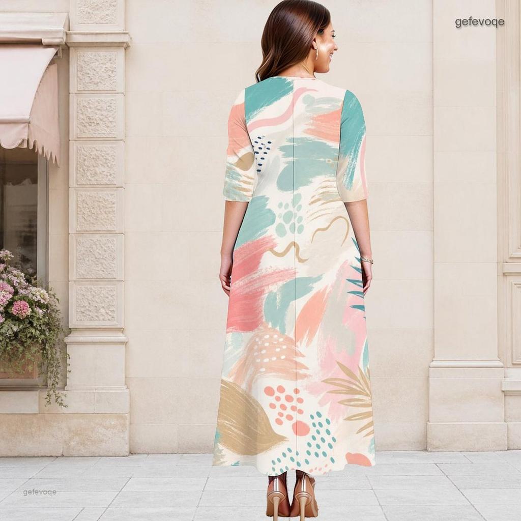 Women Plus Size Round Neck Keyhole 3 4 Sleeve Abstract Floral Gradient Print Maxi Dress
