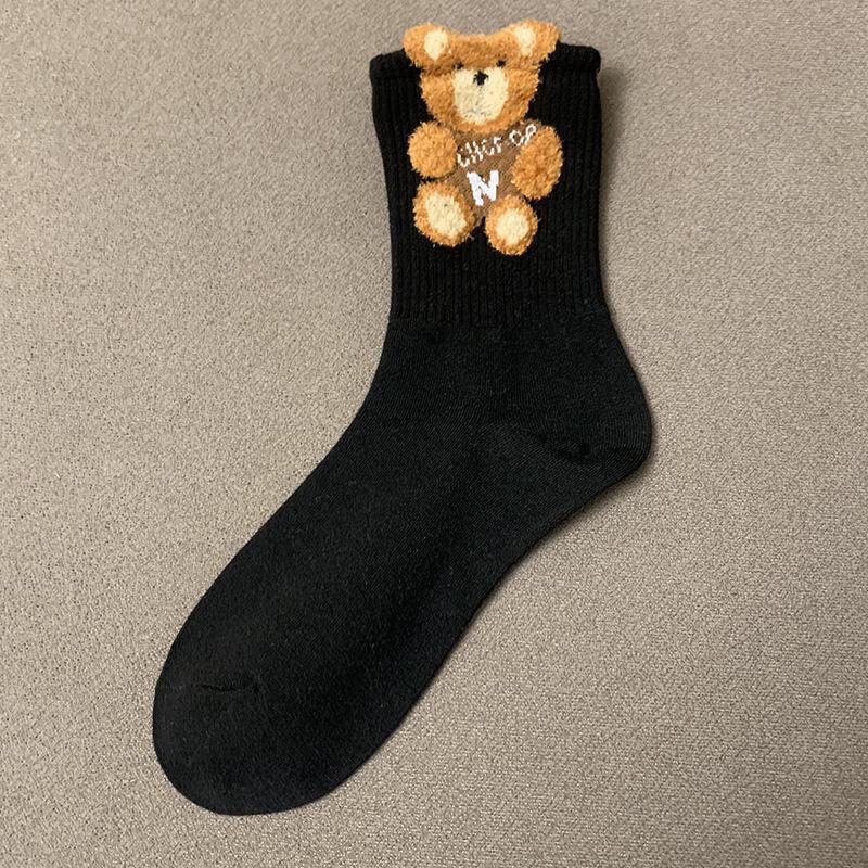 Herbst/Winter Damen Plüsch Bär & Blume Mittellange Socken - Trendig, Niedlich, Kaffee & Schwarz.