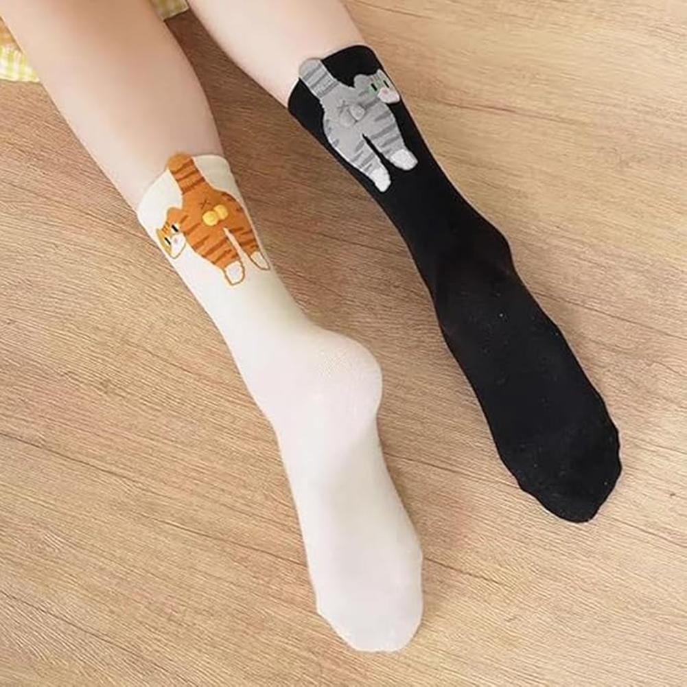 White/Black Cartoon Cat Tinkerbell Egg Socks Female Summer Outside Ins Cotton Japanese Cute Quirky Mid-calf Socks