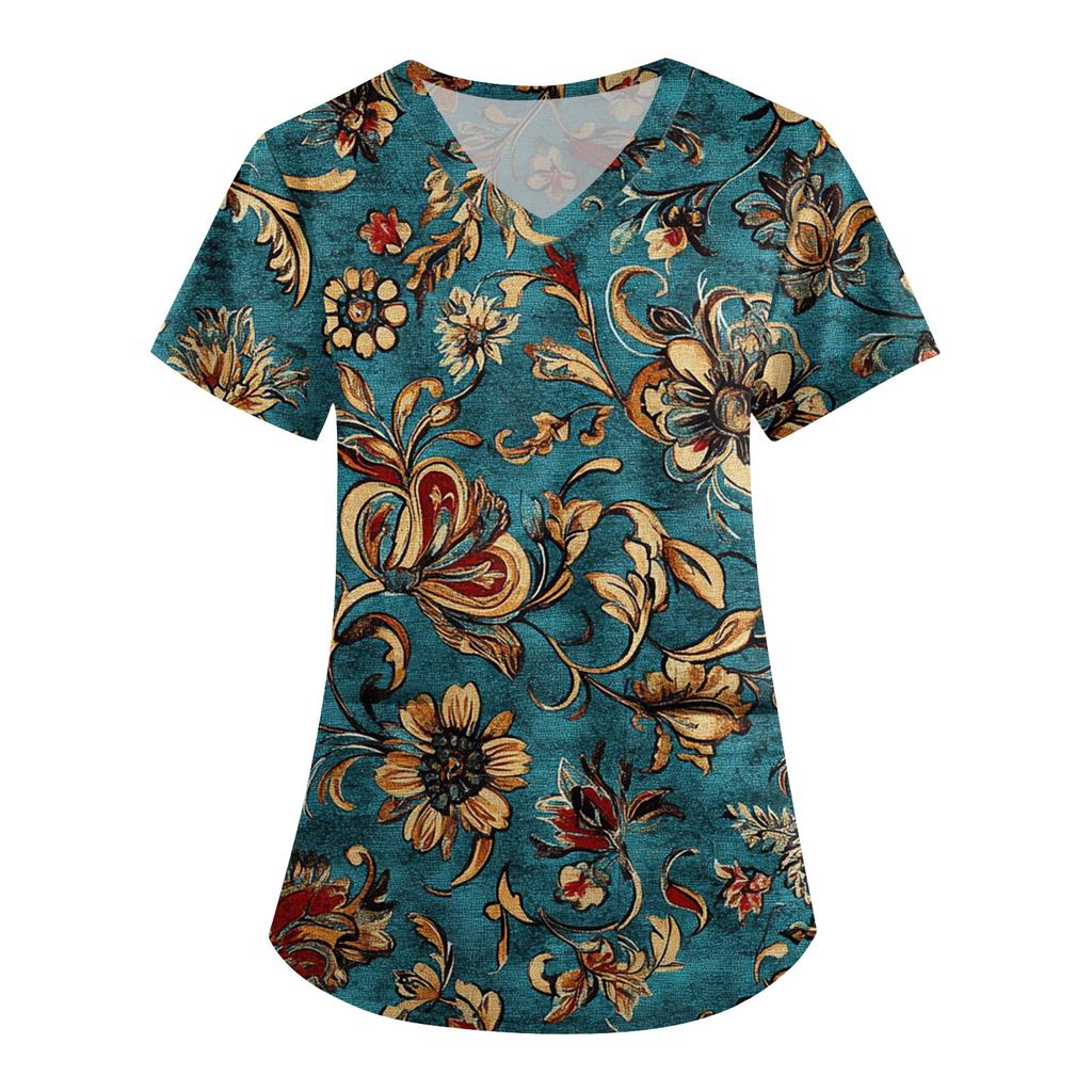 Women's Cute Printed Work Clothes V-neck Double Layer Pockets Basic Short Sleeve Top Pullover Valentines