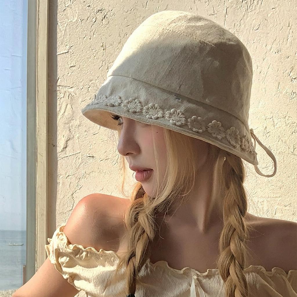Cotton Linen Bucket Hat Breathable Face Flattering Hat Floral Embroidered Hat Thin Fabric For Daily Commuting Shopping Walking
