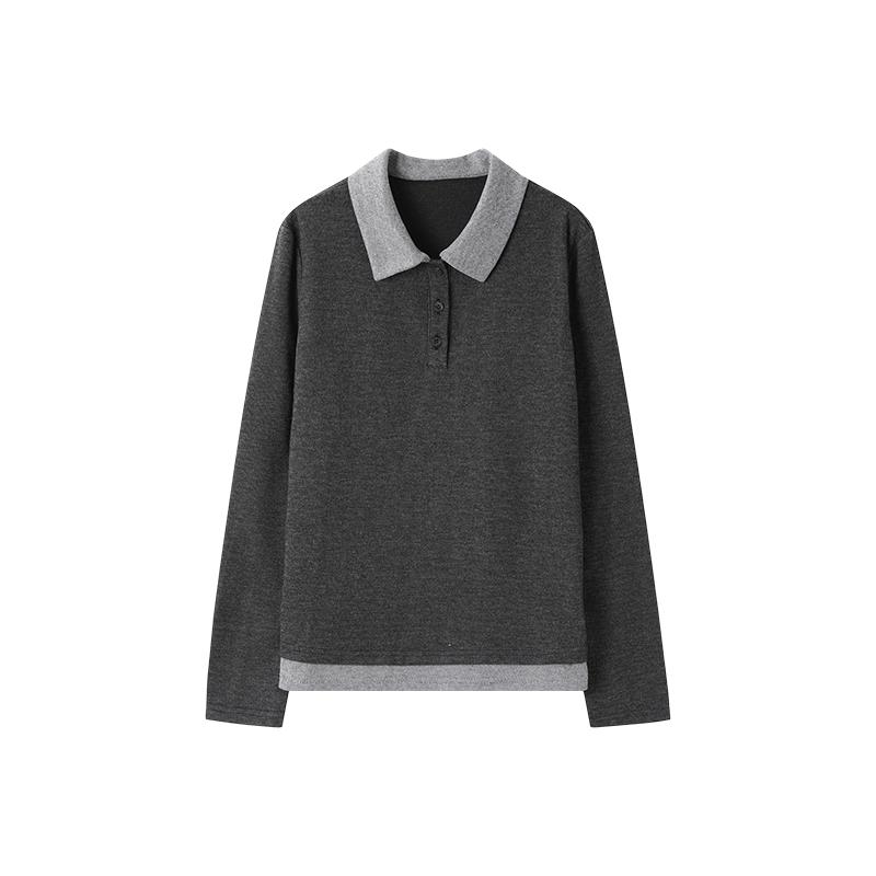 Skin Friendly Color Block Polo Shirt Loose Fit Autumn Winter Casual Top